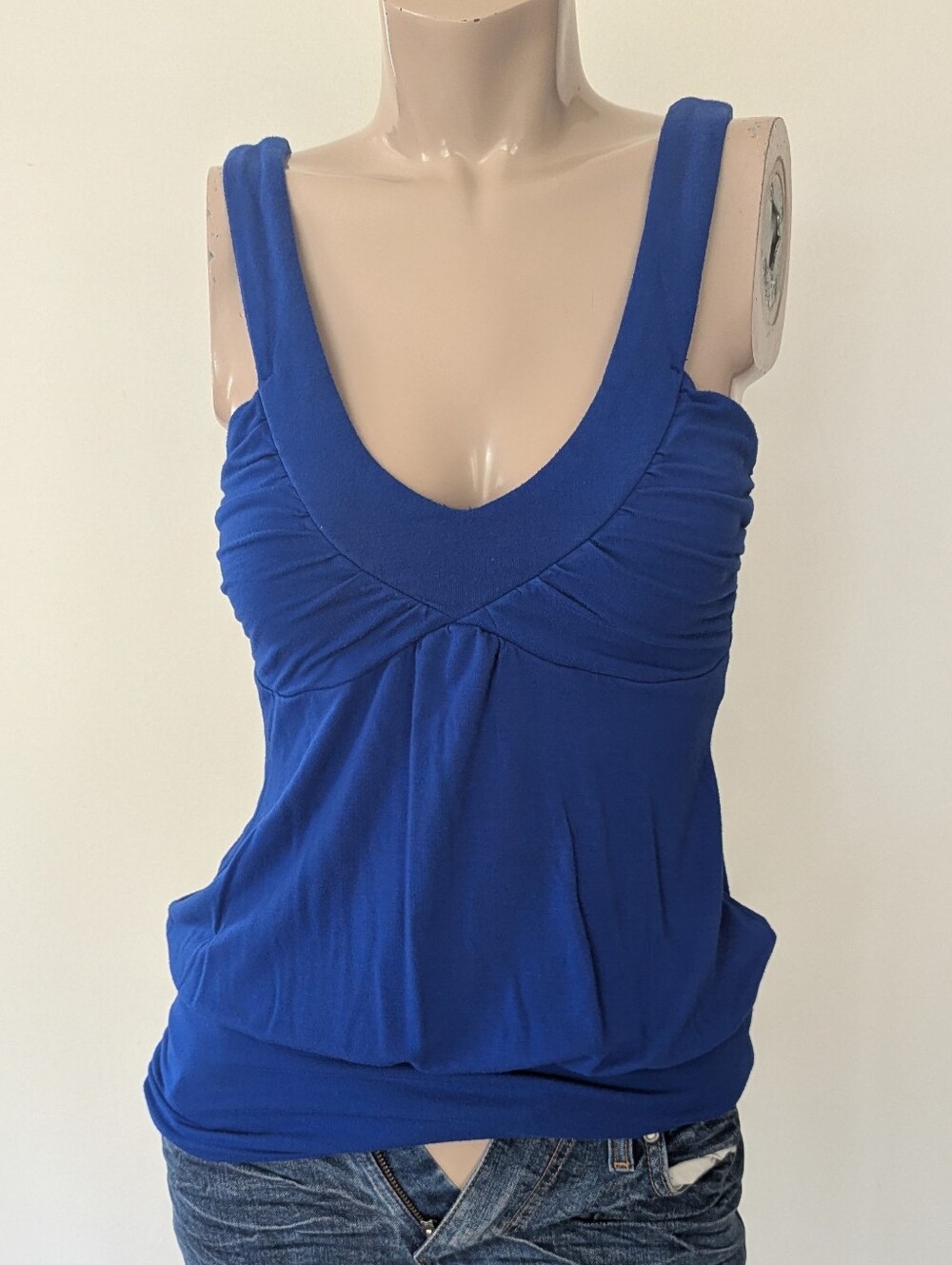 Sleeveless V-Neck Royal Blue Ruched Tank Top , large fit medium